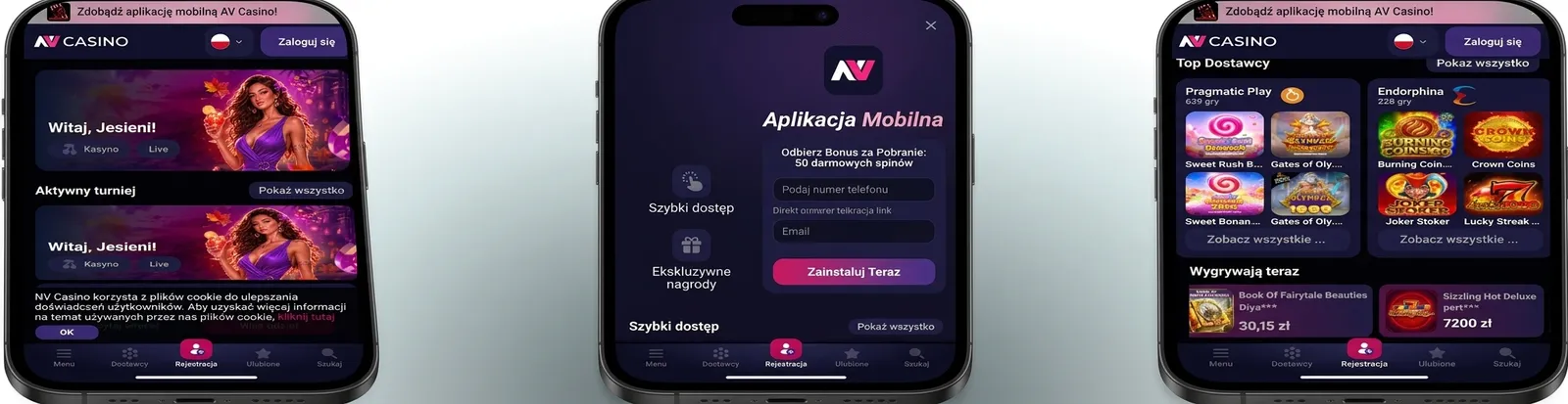 Ekrany aplikacji mobilnej NV Casino na telefonie